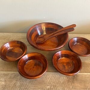 Vintage | MCM | Wood Salad Bowl Set | Server Tongs Servers | Bowls 7 Pc Set